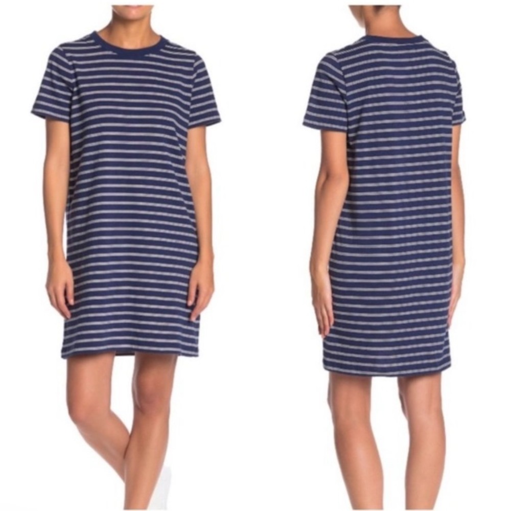 Madewell Tina Striped Cotton Crew Neck T-Shirt Dress Navy Women's Size XL